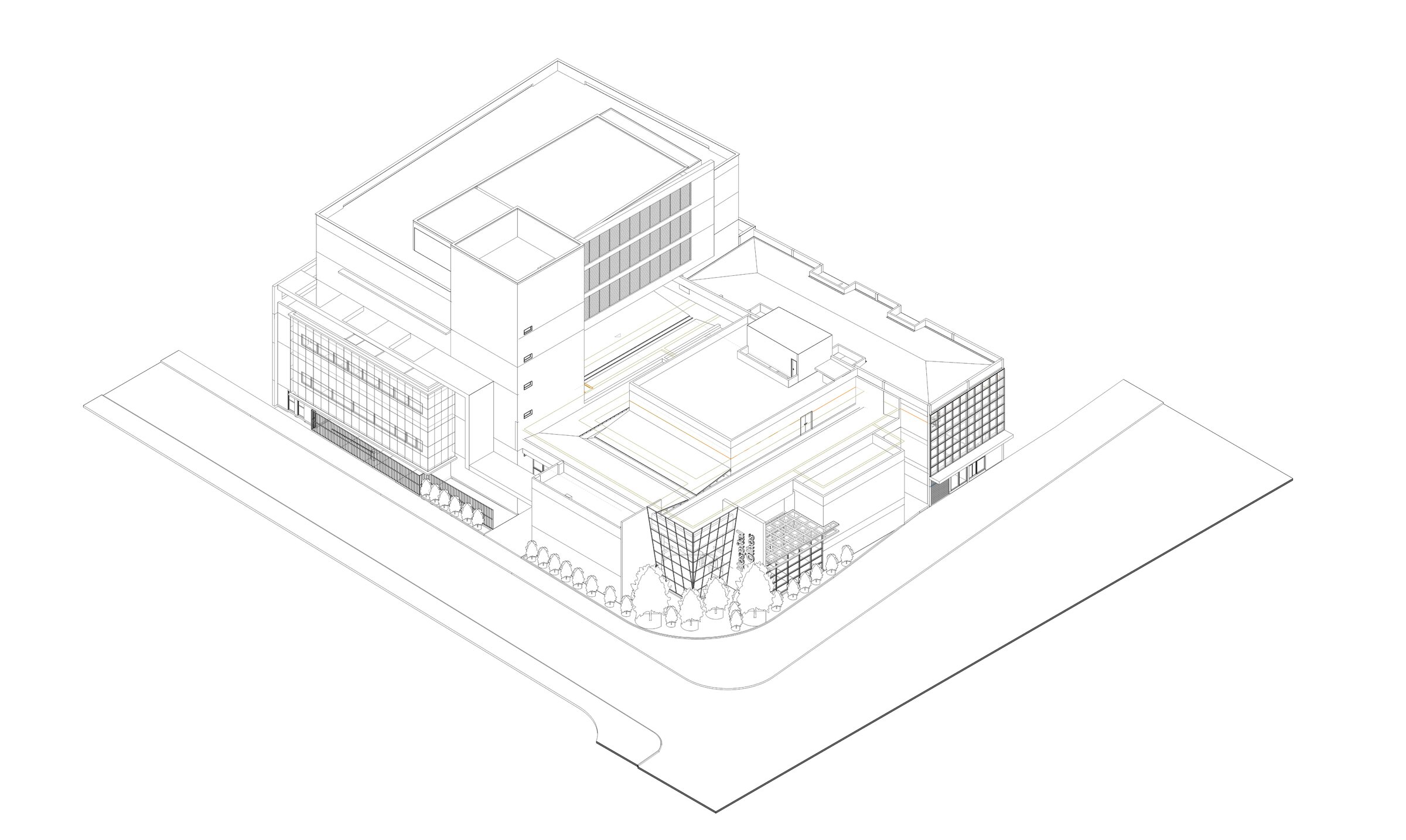 Modelagem BIM de complexo hospitalar com torre clínica e blocos cirúrgicos